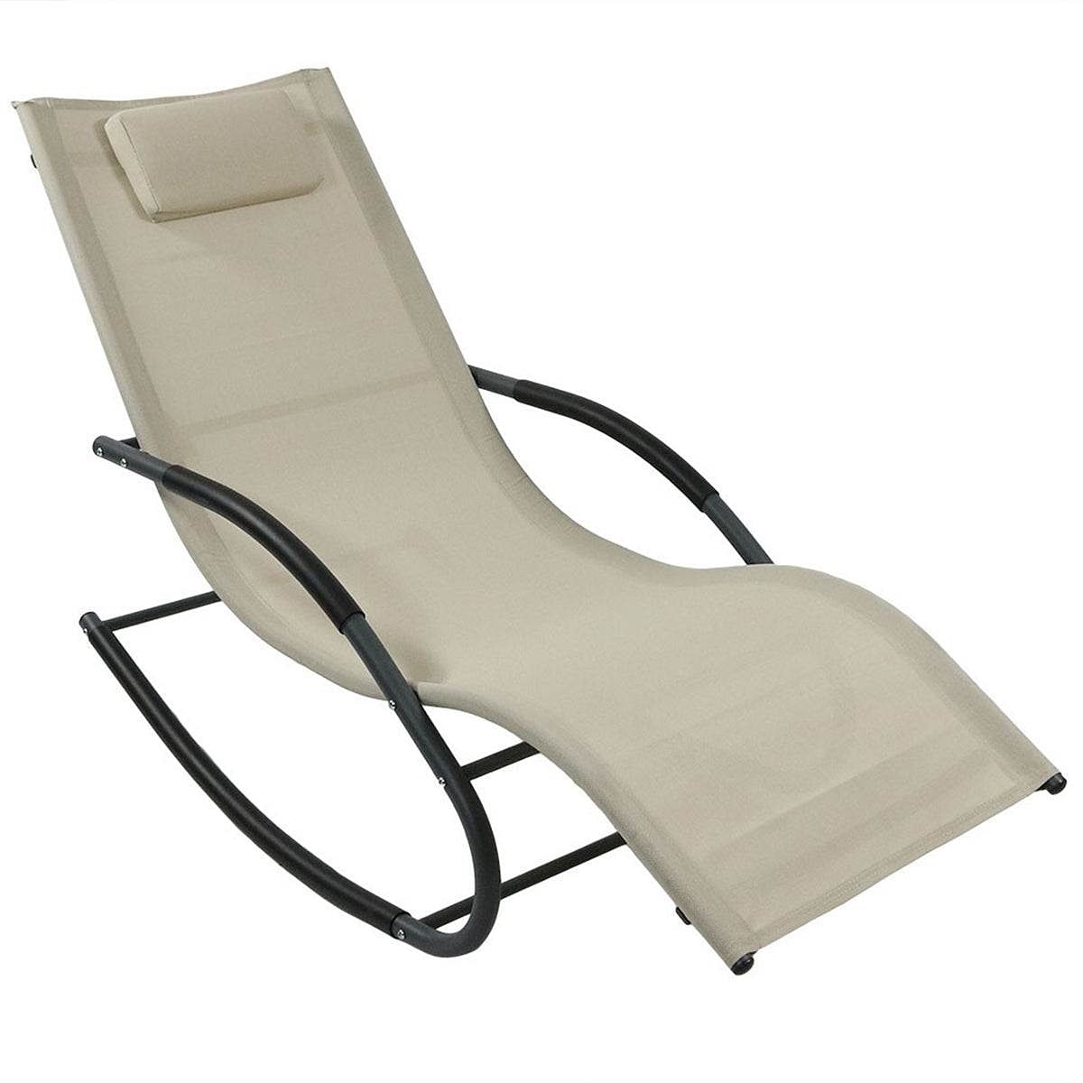 Set of 2 Beige Rocking Chaise Lounger Patio Lounge Chair with Pillow - Free Shipping