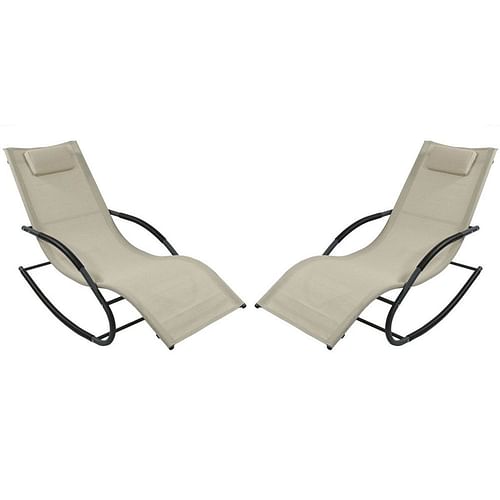 Set of 2 Beige Rocking Chaise Lounger Patio Lounge Chair with Pillow - Free Shipping