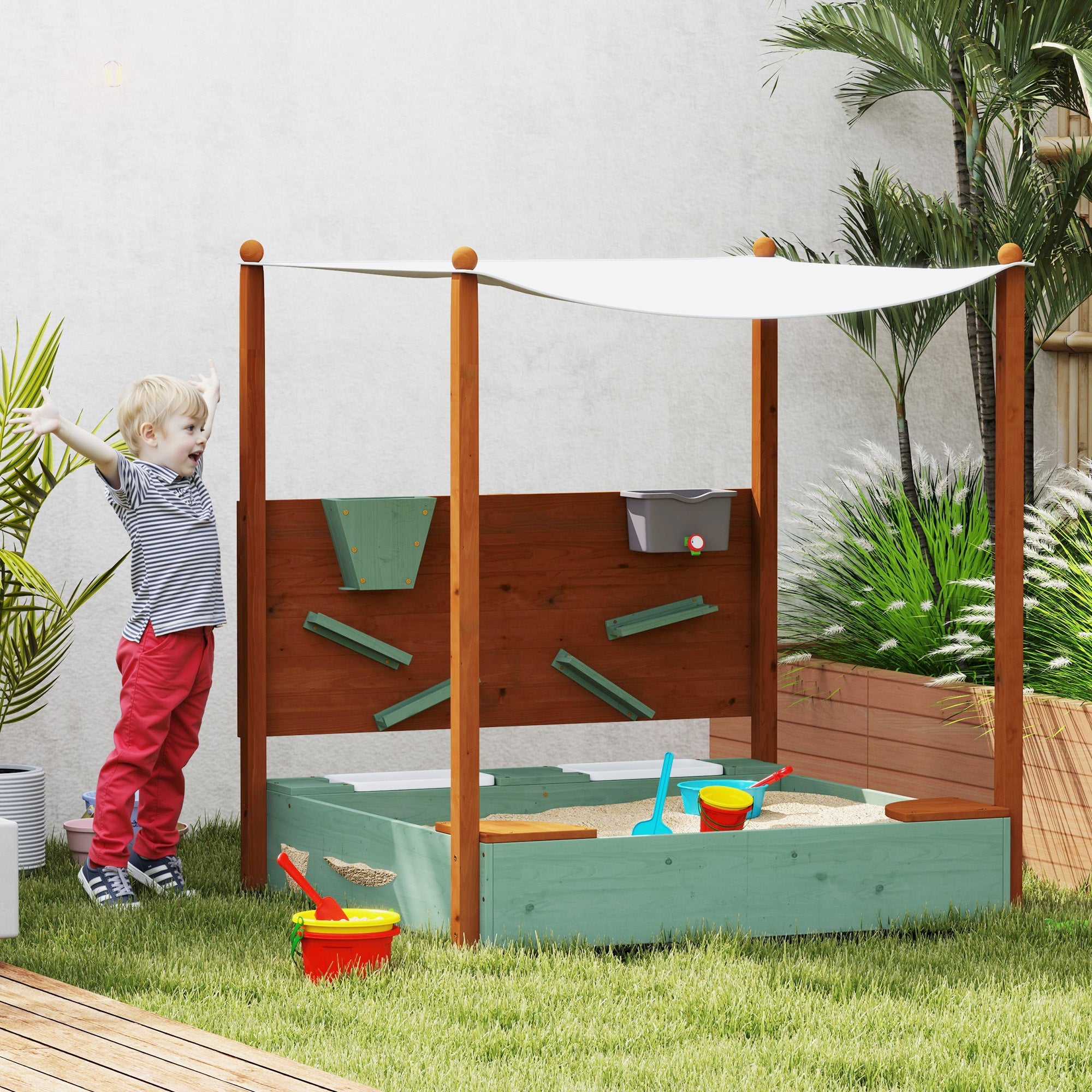 Qaba Wooden Kids Sandbox with Canopy, Sand Wall, Bottom Liner, for 3-6 Years, 46" x 44" W x 50", Green