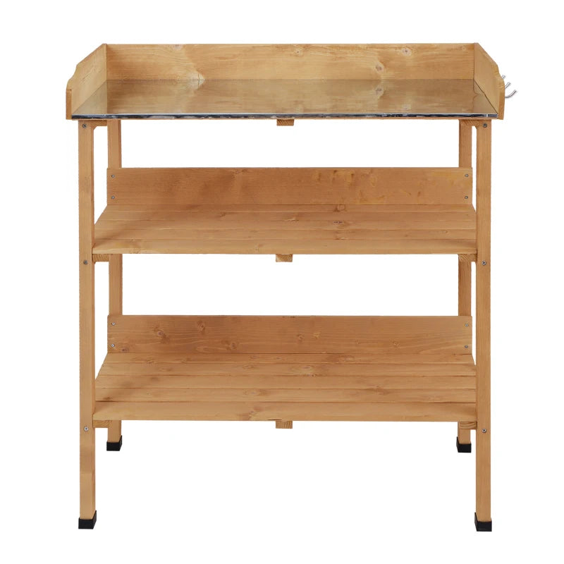 Outdoor Garden Wooden Potting Bench Work Station Table Tool Storage Shelf w/ Hooks, Natural