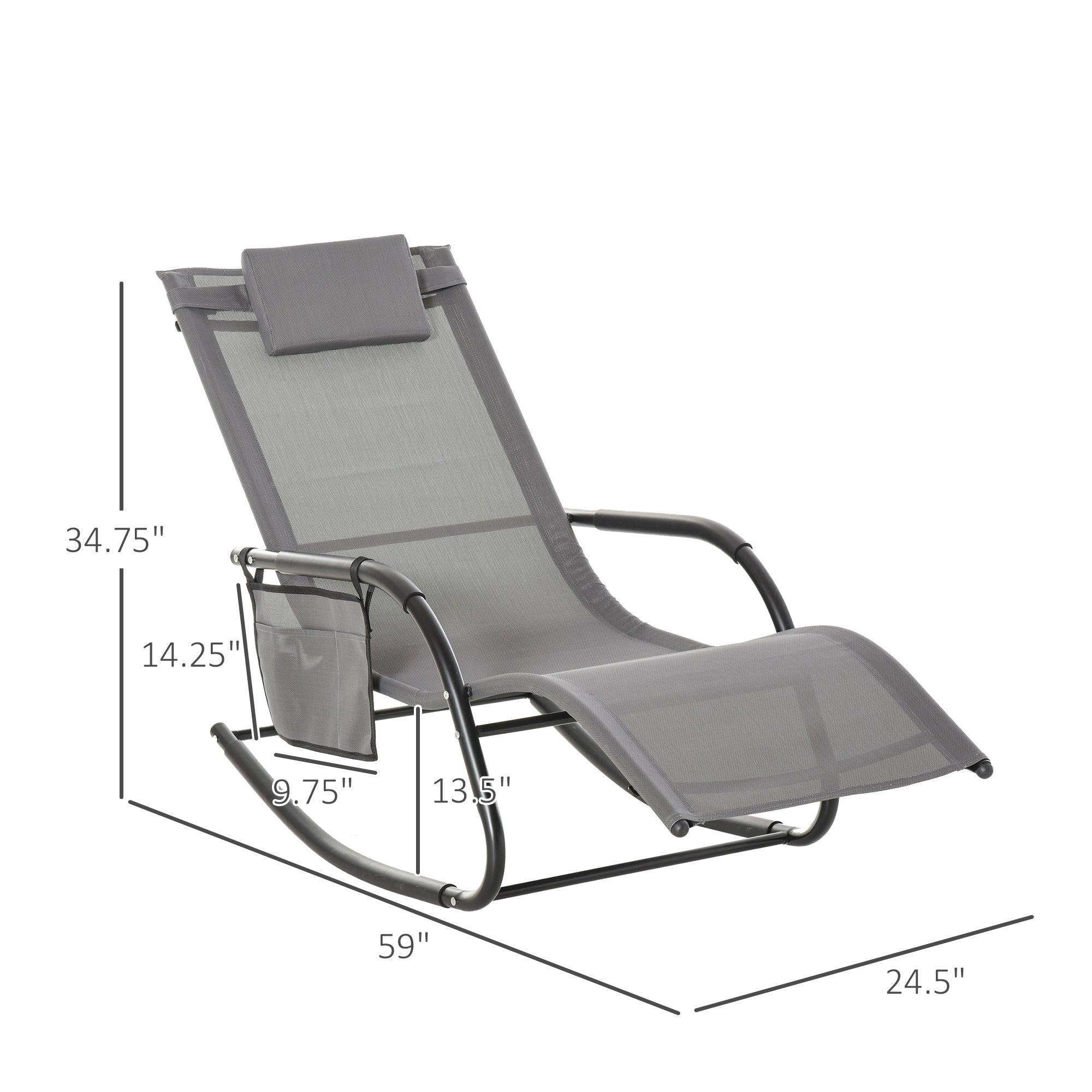 Outsunny Patio Rocking Recliner Chair Sling Fabric Sun Lounger with Headrest Side Pocket for Outdoor Garden Deck Grey