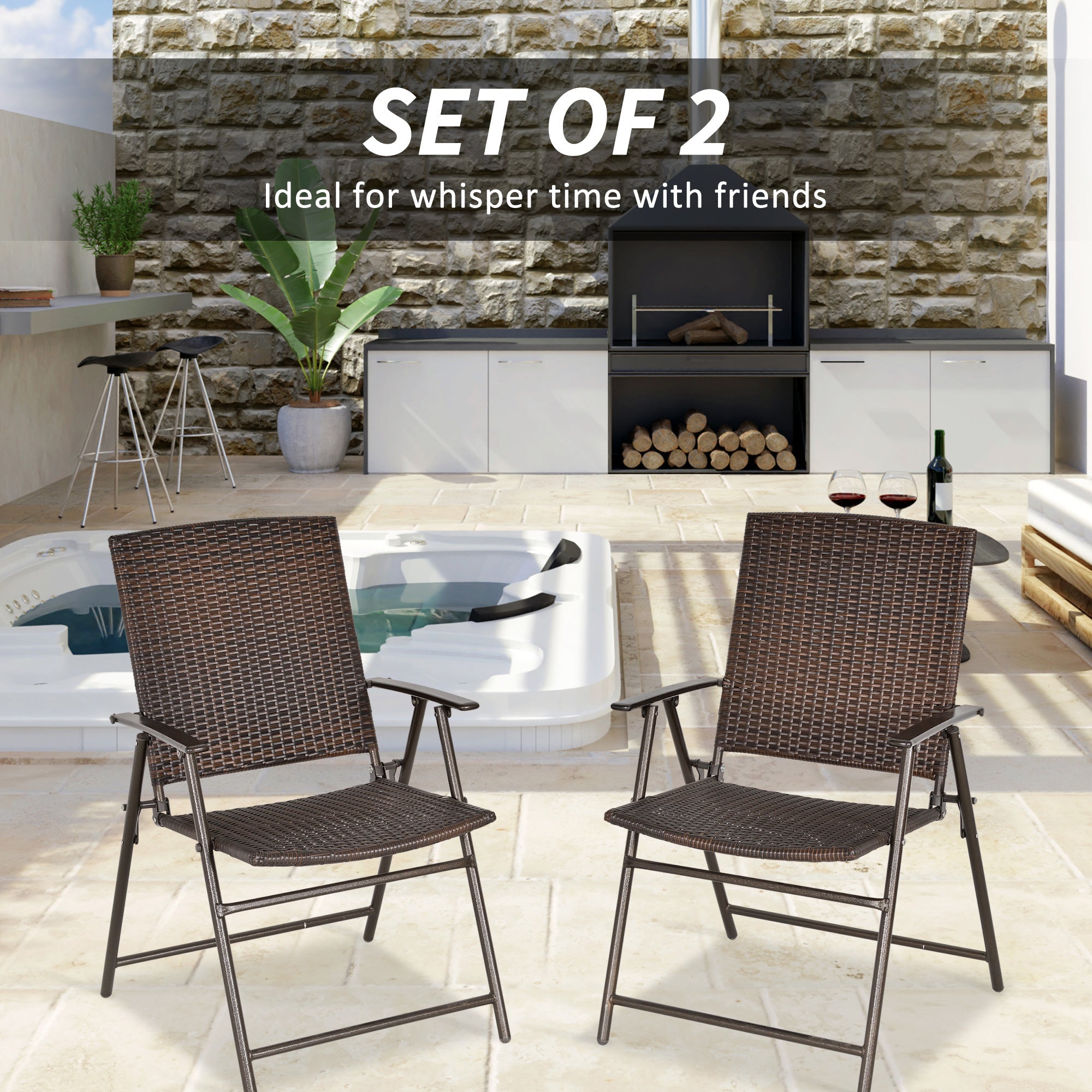 Outsunny Brown Rattan Outdoor Wicker Dining Chair Set of 2 Foldable with Steel Frame for Garden Backyard Porch