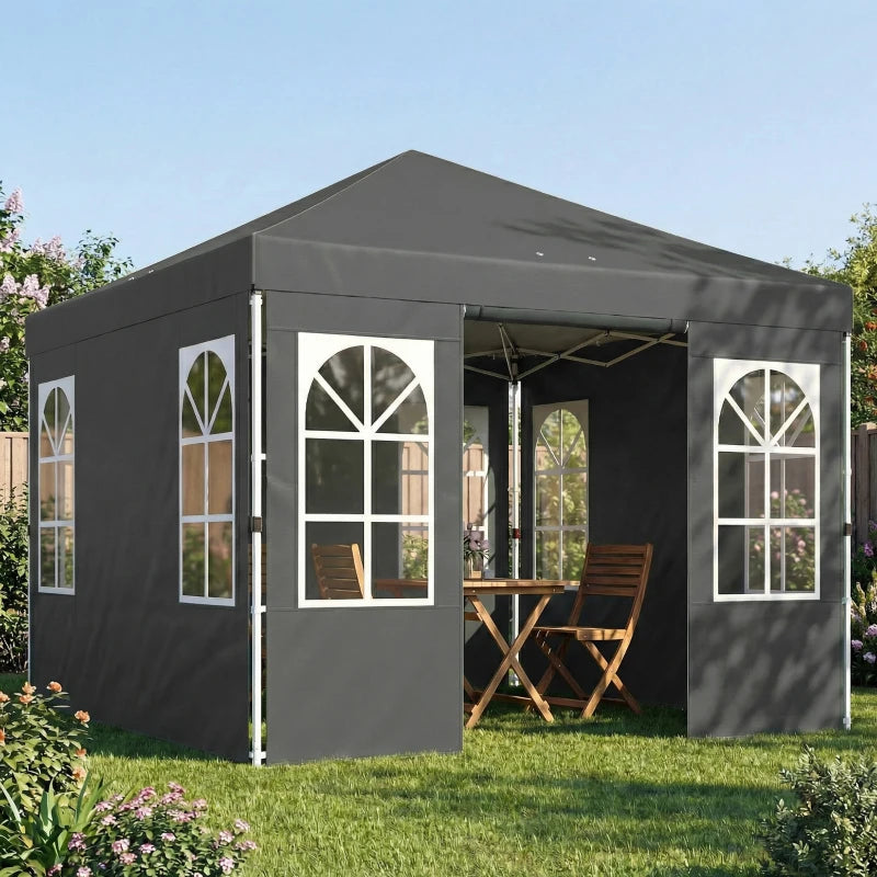 9.6 x 9.6 ft Pop Up Canopy Tent with 4 Sidewalls, UPF 50+ 1-Button Push Easy Setup Outdoor Instant Canopy, Dark Grey