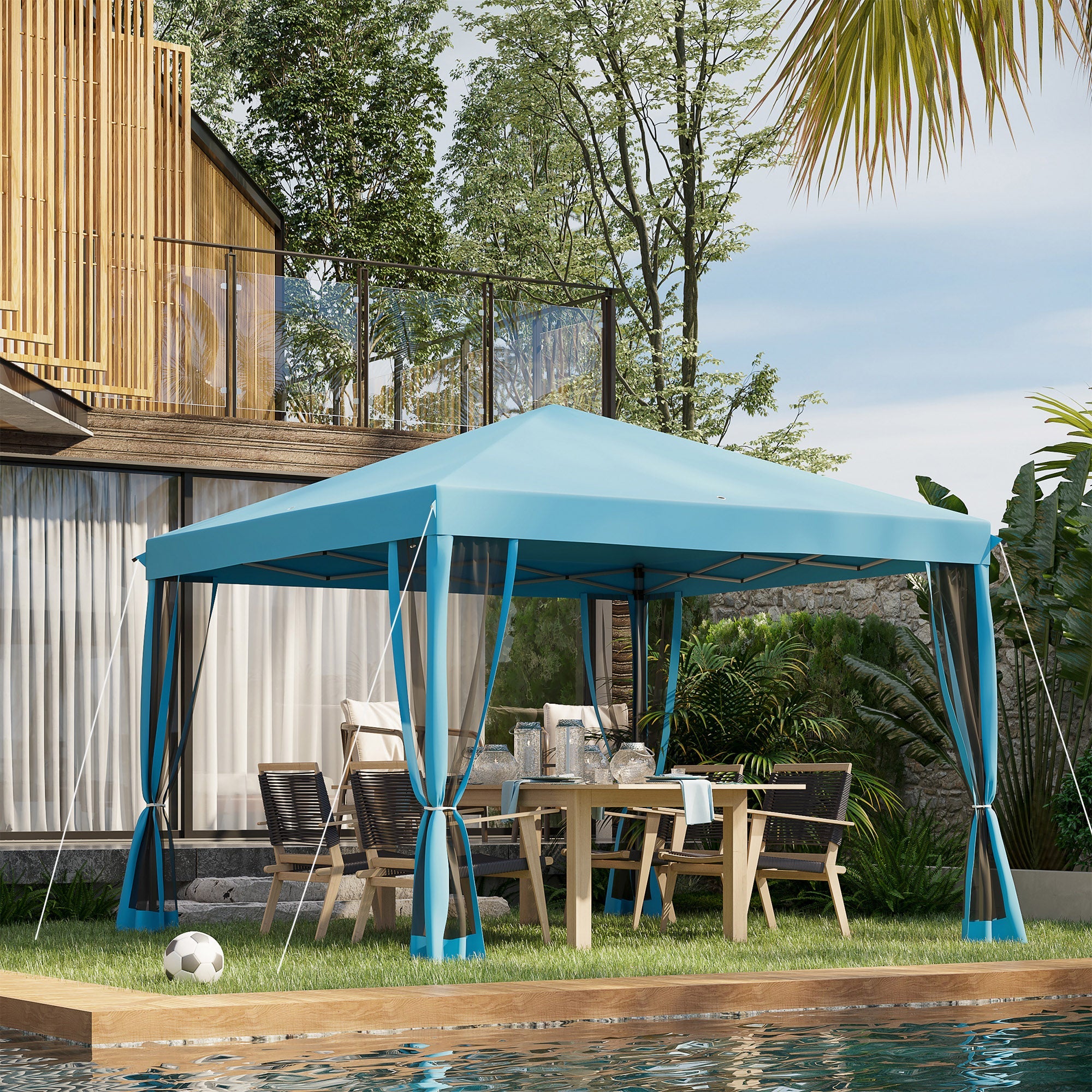 Outsunny 10' x 10' Pop Up Canopy Tent Gazebo with Removable Mesh Sidewall Netting, Carry Bag for Backyard Patio Outdoor, Light Blue