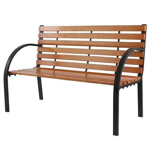 Black Metal Frame Outdoor Wood Slat Garden Bench with Curved Armrests - Free Shipping