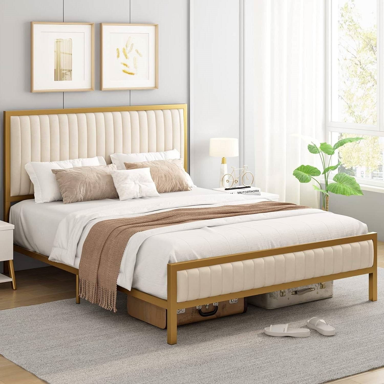 Full size Gold Metal Platform Bed Frame with Beige White Upholstered Headboard - Free Shipping