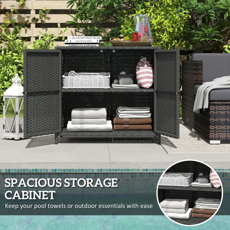 Wicker Outdoor Storage Cabinet Double Magnetic Doors, PE Rattan Outdoor Towel Rack for Pool, Patio, Dark Grey