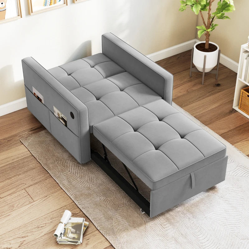 Convertible Chair Bed, Pull Out Sleeper Chair with USB, Adjustable Backrest, Small Velvet Futon Sofa Bed, Grey