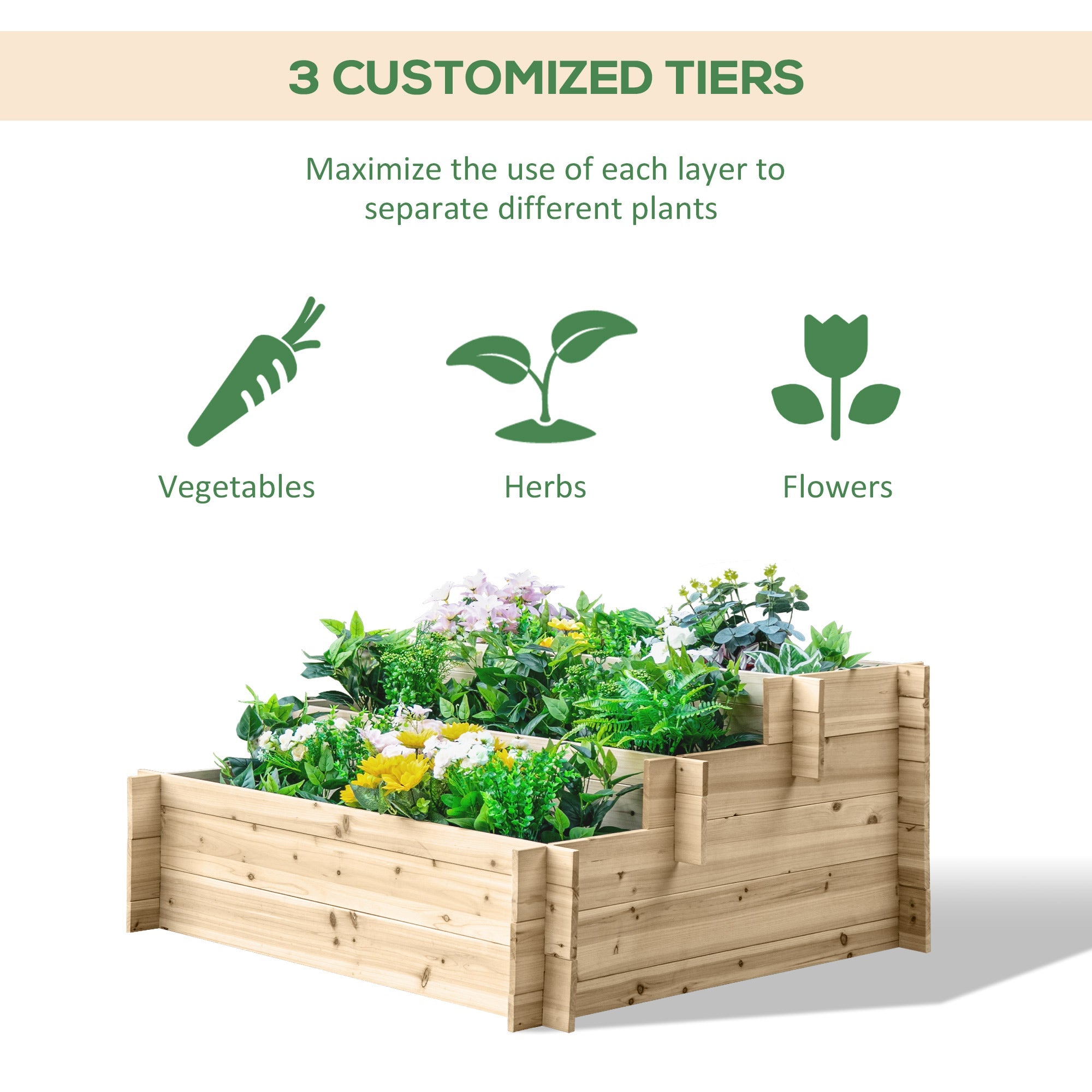 Outsunny 3-Tier Wooden Raised Garden Bed - Elevated Outdoor Vegetable & Flower Planting Box, Herb Garden Indoor Kit, Natural