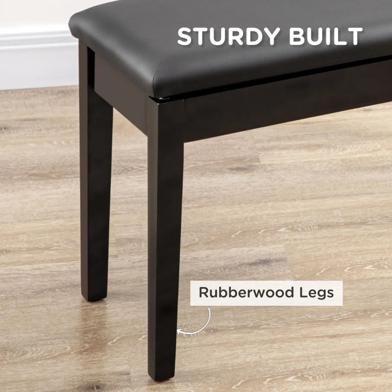 Classic Piano Bench Stool, PU Leather Padded Keyboard Seat with Rubber Wood Legs and Music Storage Compartment, Smooth Seat, Black