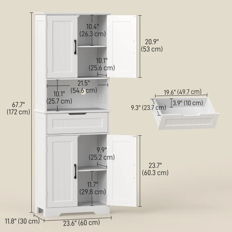 Kitchen Buffet with Hutch, 68" Tall Kitchen Pantry Cabinet with Small Open Counter, 4 Doors, Drawer, White