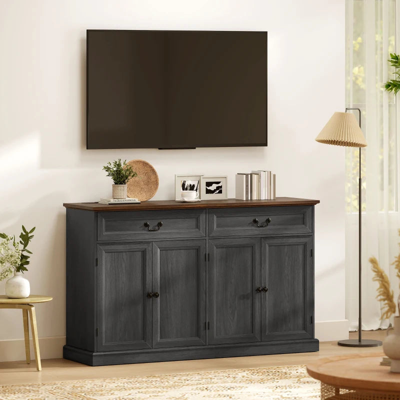 55" Farmhouse Sideboard Buffet Cabinet with Charging Station, 2 Drawers and 2 Adjustable Shelves, Black Wood Grain