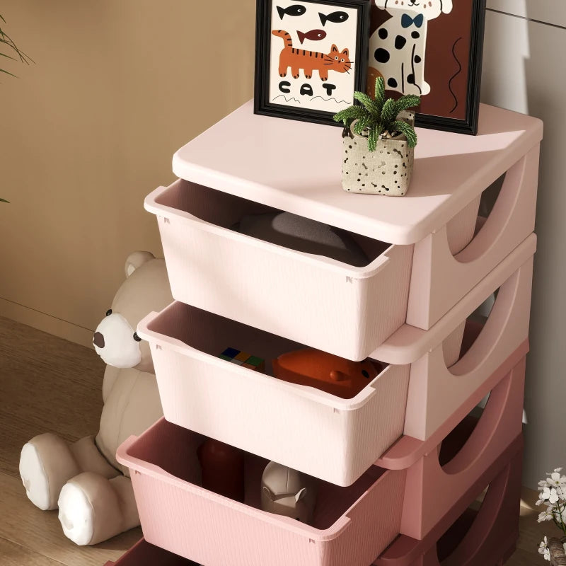 Qaba 4 Tier Kids Toy Organizer and Storage Bins with 4 Plastic Drawers, Pink