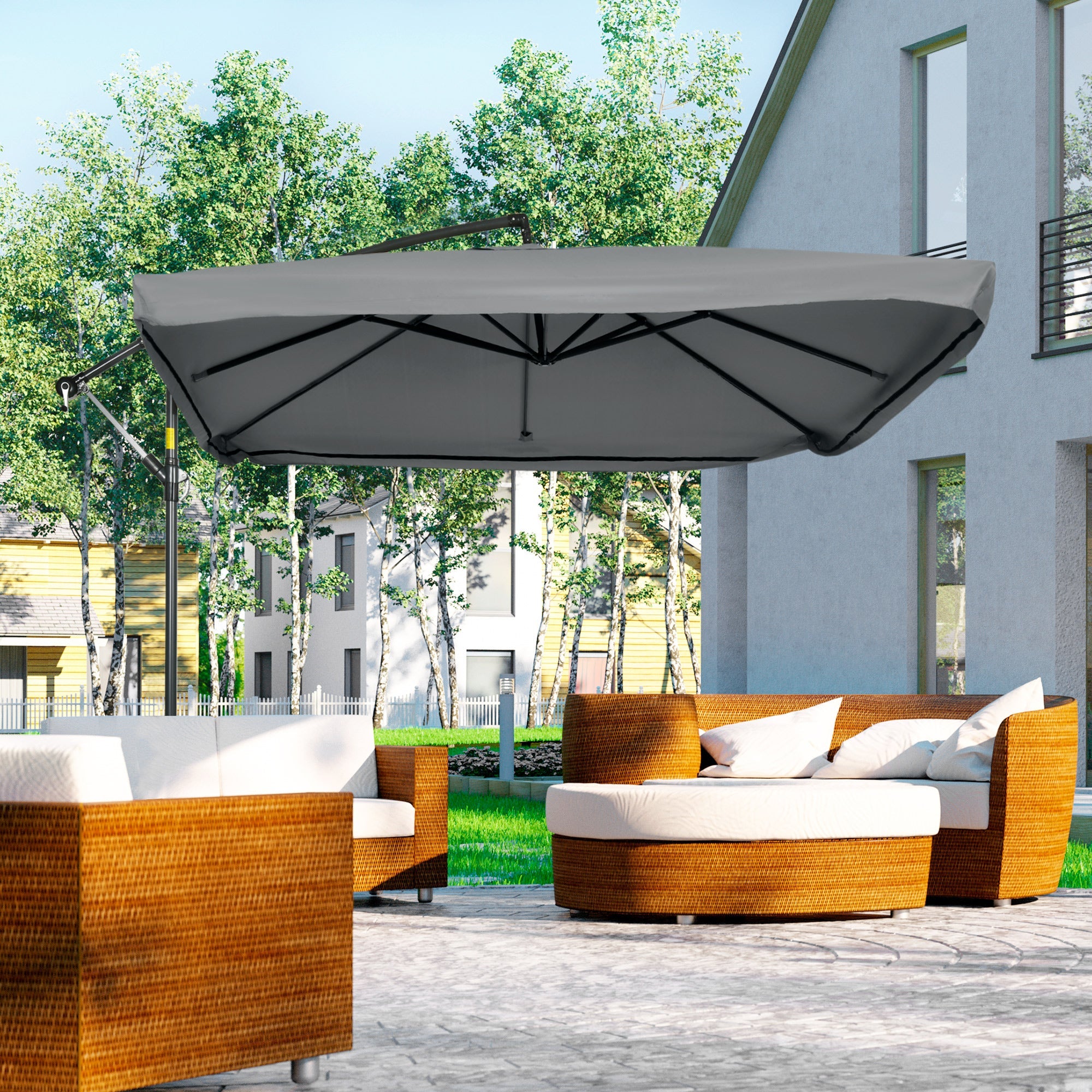 Outsunny Offset Patio Umbrella with Net and Umbrella Base, Adjustable Cantilever Canopy with Cross Base, Weight Plates & 8 Ribs