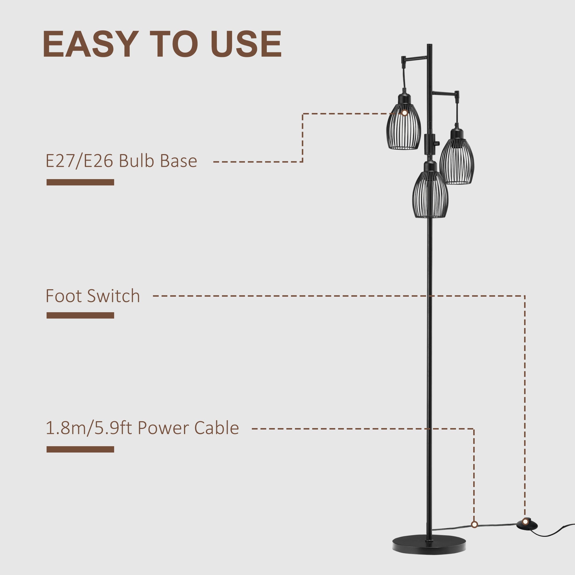 HOMCOM Industrial Floor Lamp 3 Hanging Shades Dimmable for Living Room Bedroom Black