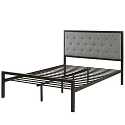 Full Metal Platform Bed with Grey Upholstered Button Tufted Fabric Headboard - Free Shipping