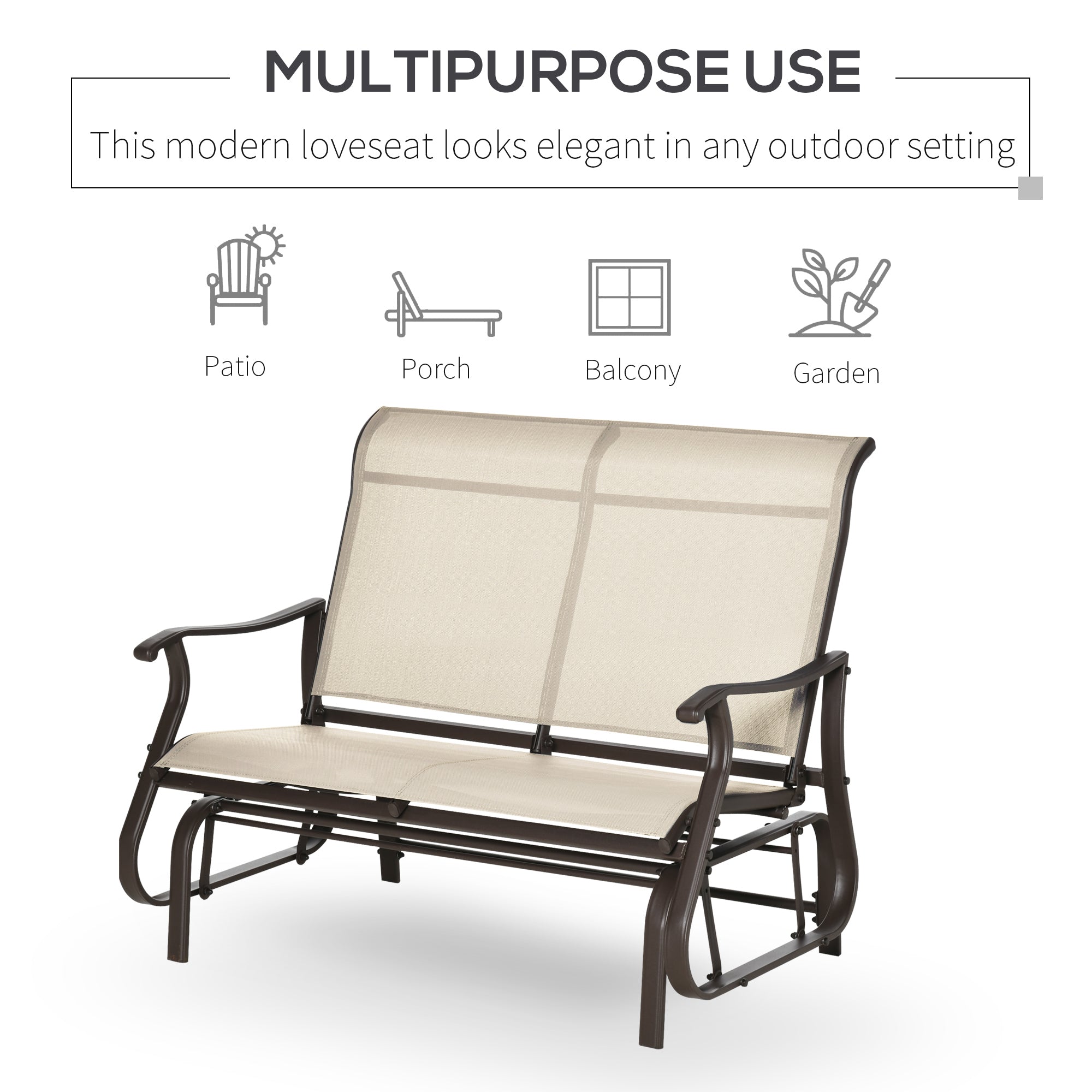 Outsunny Garden Double Gliding Chair, Patio Glider Armchair for Outdoor, Backyard Mesh Seat and Backrest, Steel Frame, Khaki