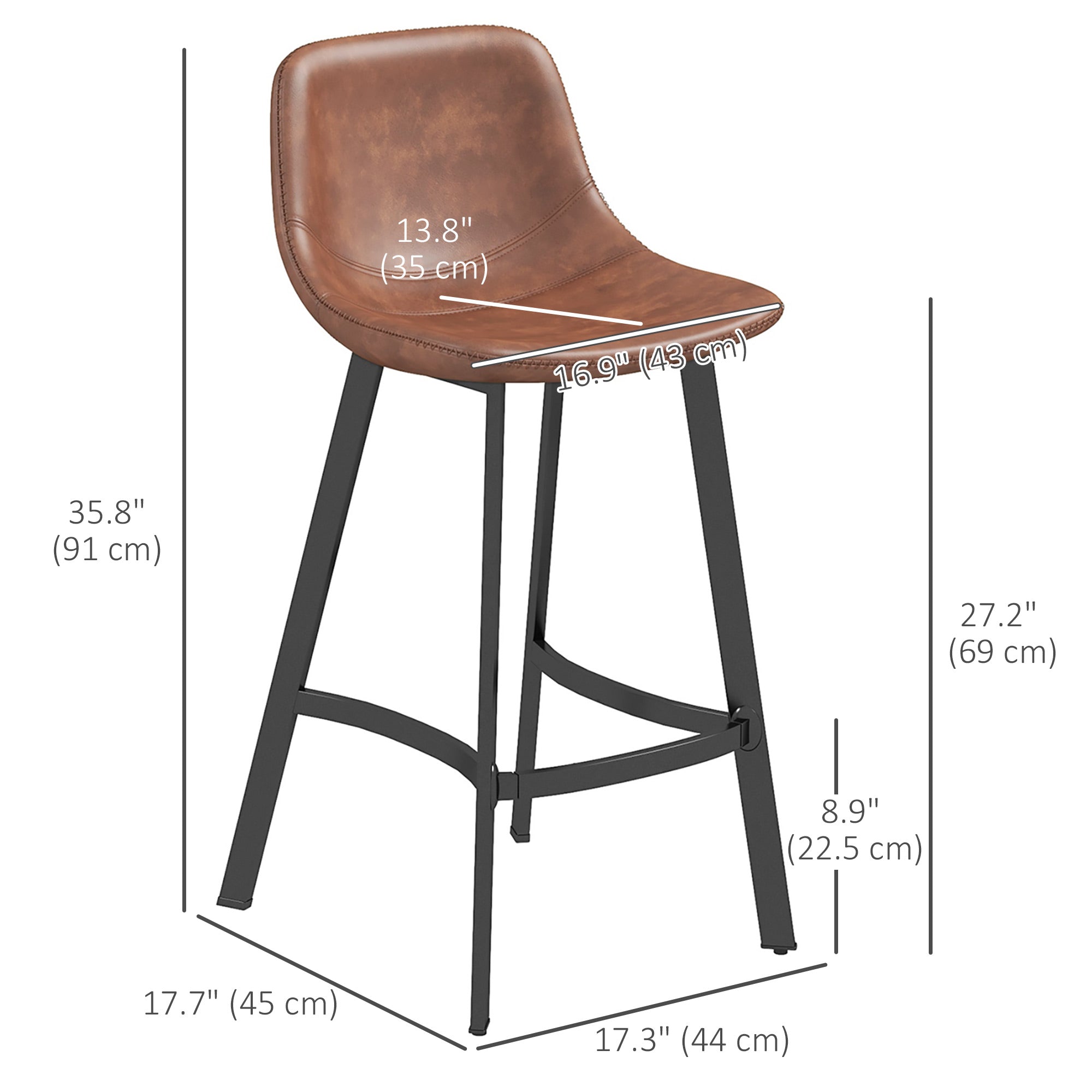 HOMCOM Counter Height Stools Set of 2 Upholstered Kitchen Stool with Back and Steel Legs for Kitchen