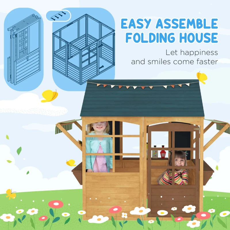 Qaba Wooden Foldable Outdoor Playhouse for Kids Ages 3-8, Snack Bars, Working Door, Rain Covers, Blackboards, Brown