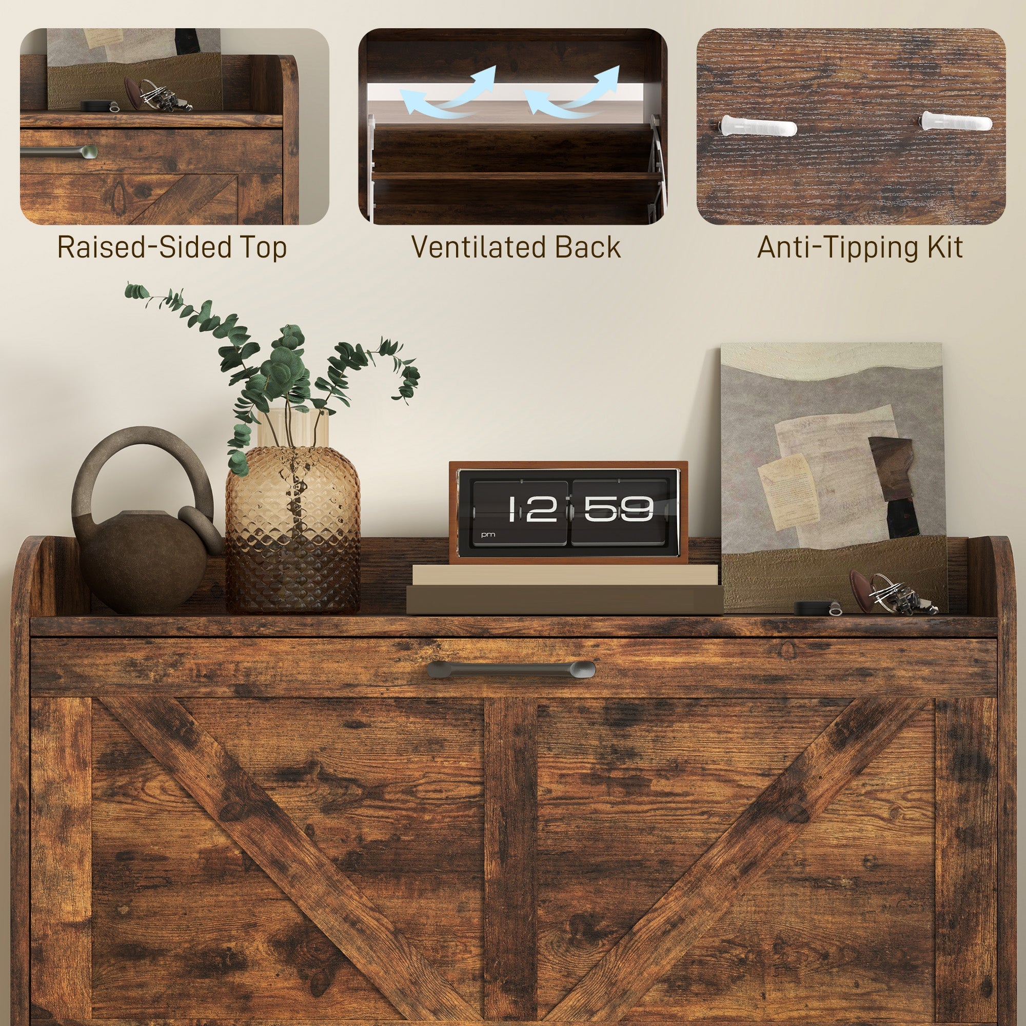 HOMCOM Narrow Shoe Storage Cabinet, Farmhouse Slim Shoe Cabinet with 2 Flip Drawers, Adjustable Shelves, Rustic Brown