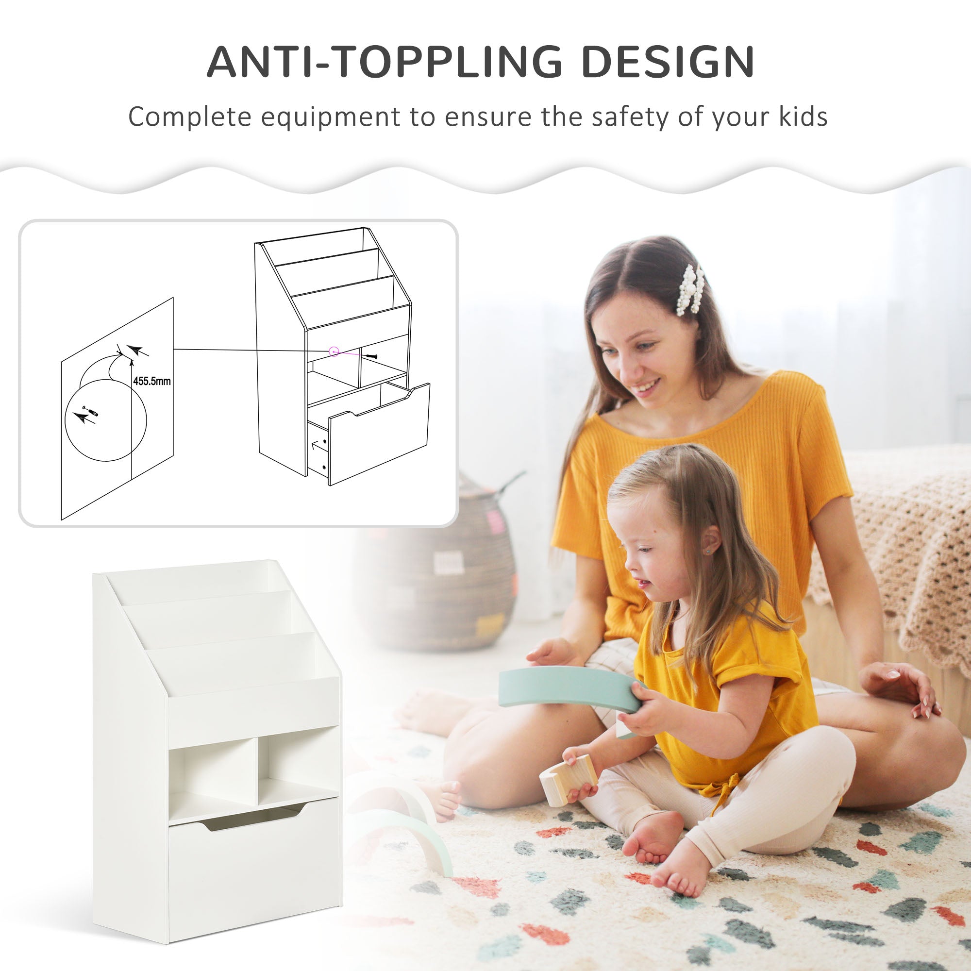 HOMCOM Kids Bookcase Multi Shelf Rack Organizer Storage Drawer Reading Nook Classroom Bedroom Playroom White