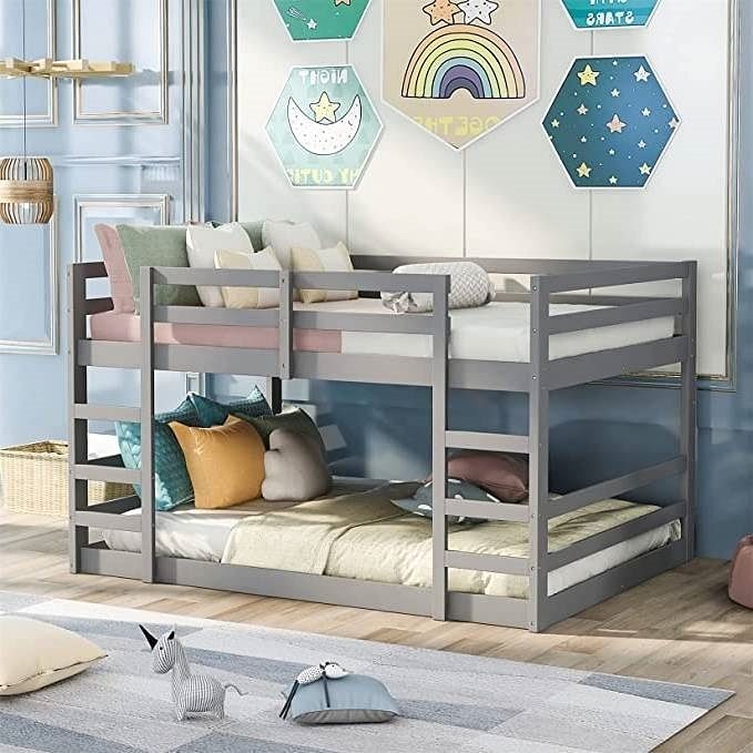 Full over Full Modern Low Profile Bunk Bed in Grey Wood Finish - Free Shipping