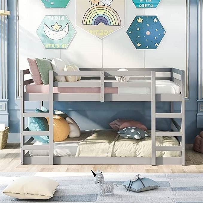 Full over Full Modern Low Profile Bunk Bed in Grey Wood Finish - Free Shipping