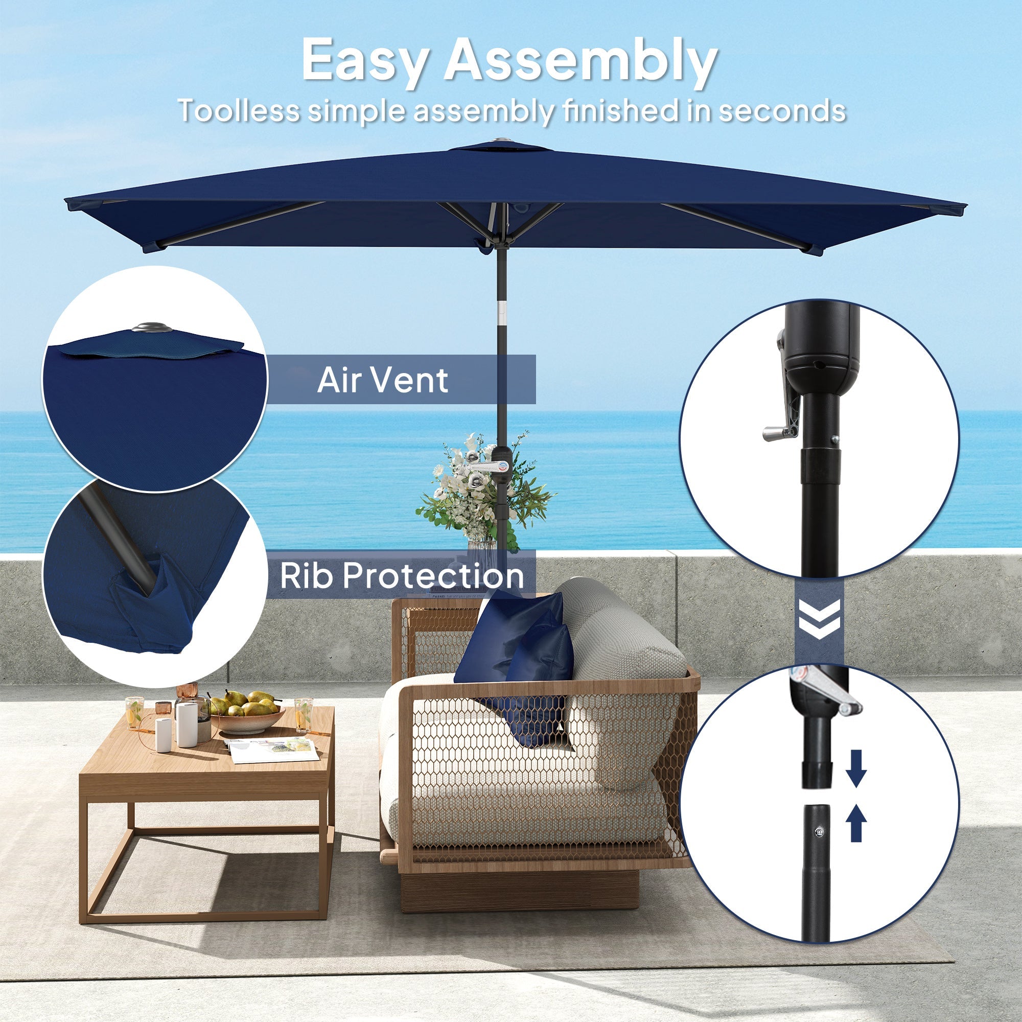 Outsunny 6.5x9.6ft Rectangle Aluminum Tilt Patio Umbrella, Garden Market Parasol, Outdoor Sunshade Canopy with Crank, Navy Blue