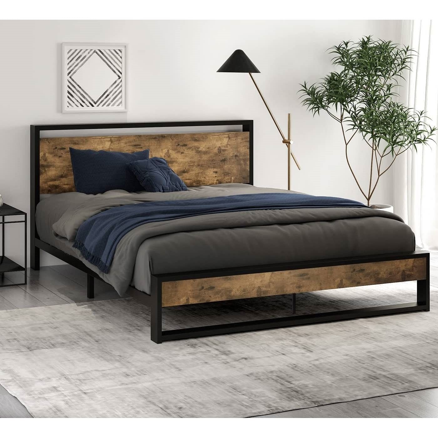 Full size Metal Wood Platform Bed Frame with Industrial Headboard - Free Shipping
