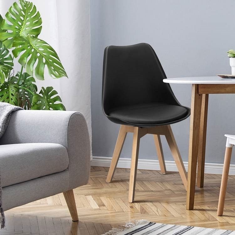 Set of 4 Modern Mid-Century Style Black PU Leather Dining Chairs with Wood Legs - Free Shipping