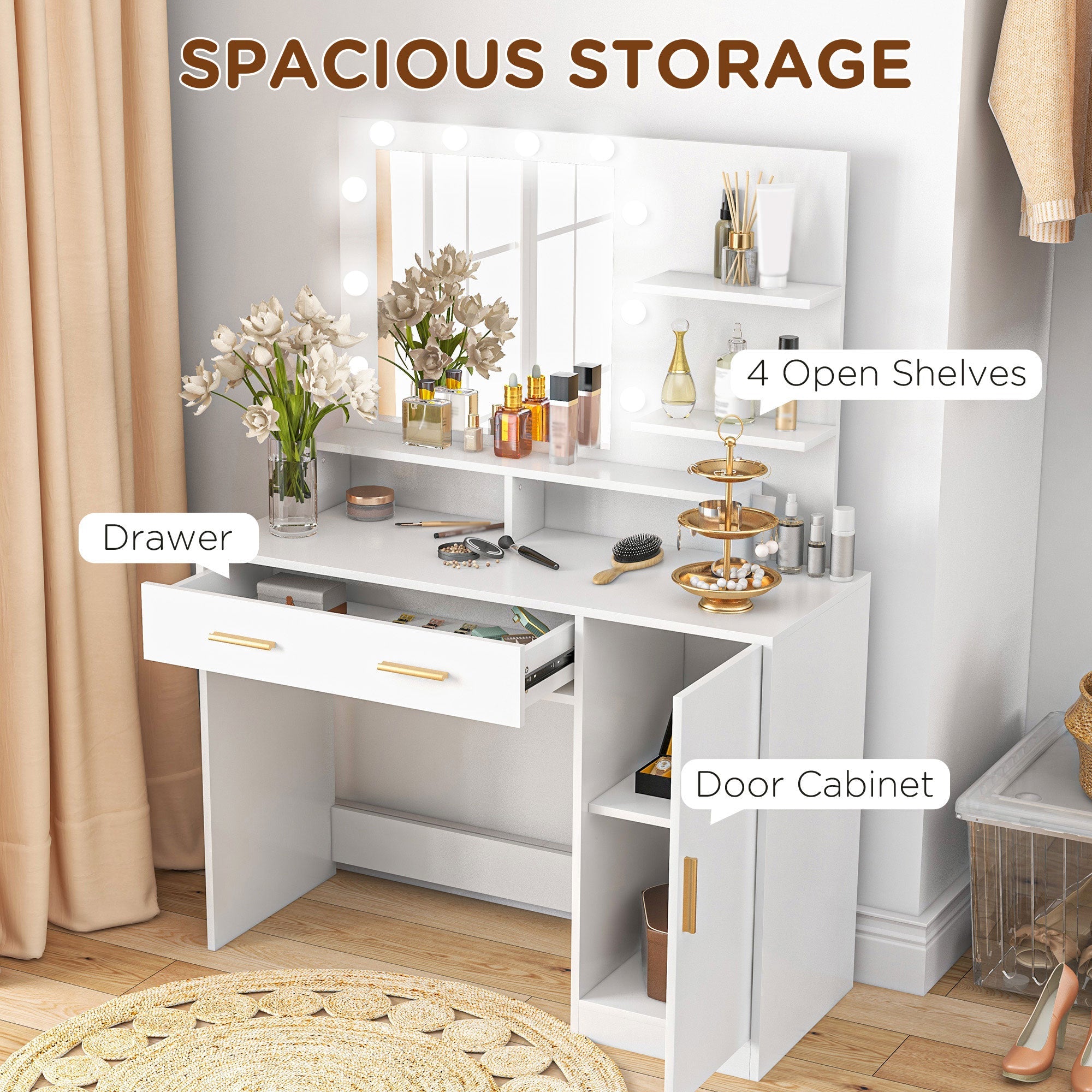 HOMCOM Illuminated Dressing Table Set, LED Vanity Table Set with Stool, LED Mirror, Drawer and Cabinet Shelves for Bedroom