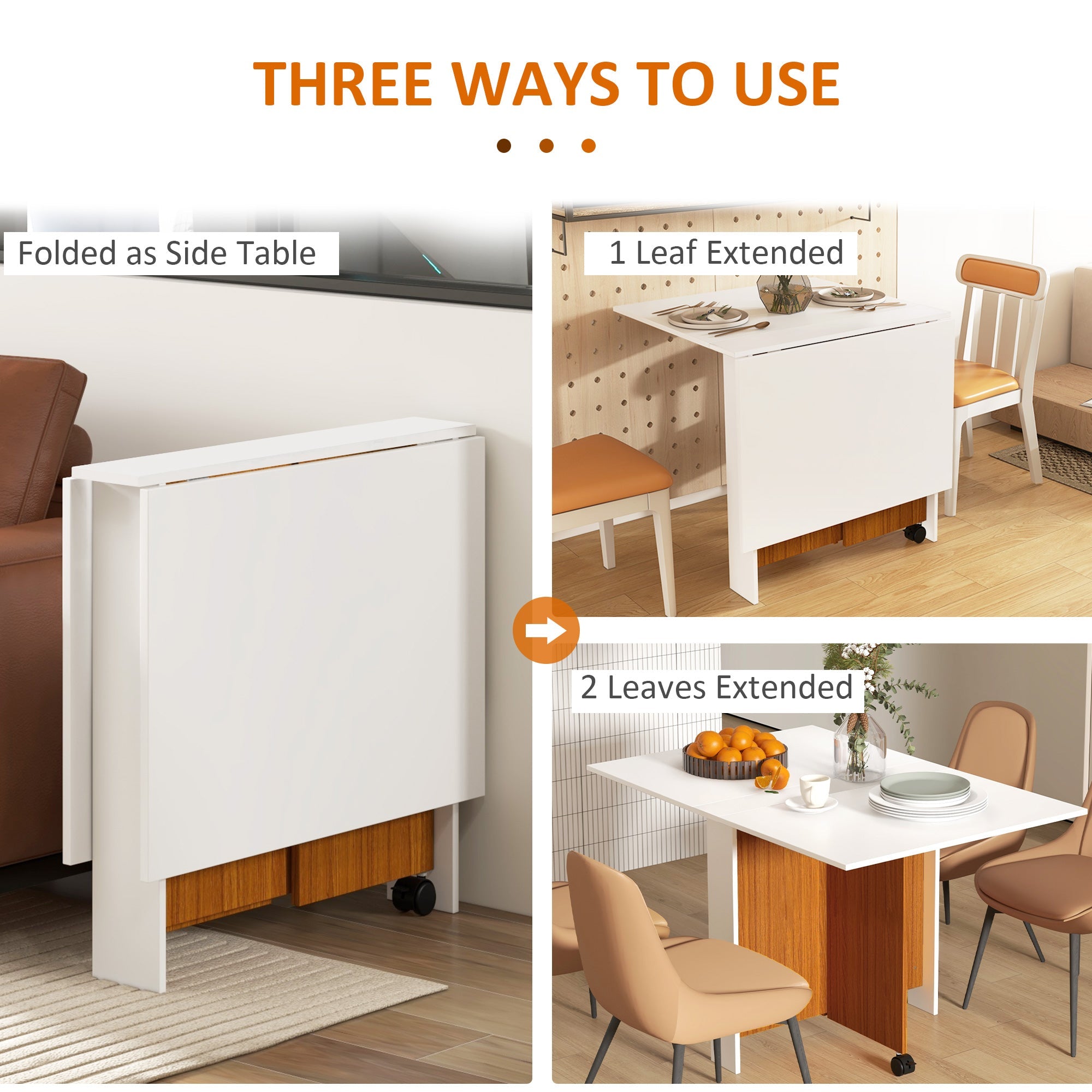 HOMCOM Foldable Teak White Dining Table Drop Leaf Console Writing Desk with Wheels for Kitchen Dining Room