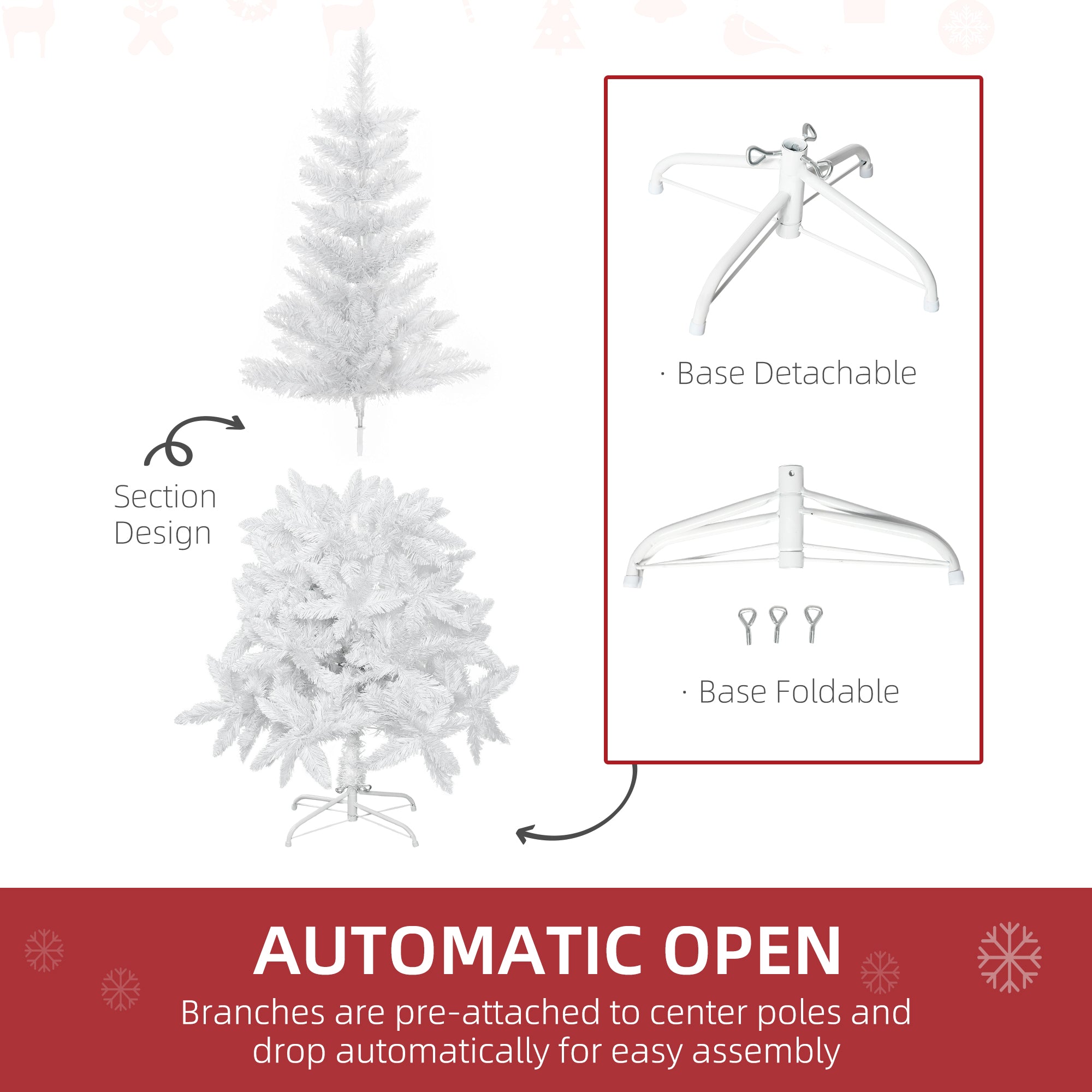 HOMCOM 5ft White Artificial Christmas Tree, Pine Realistic Branches, Auto-Open, Indoor Holiday Decor