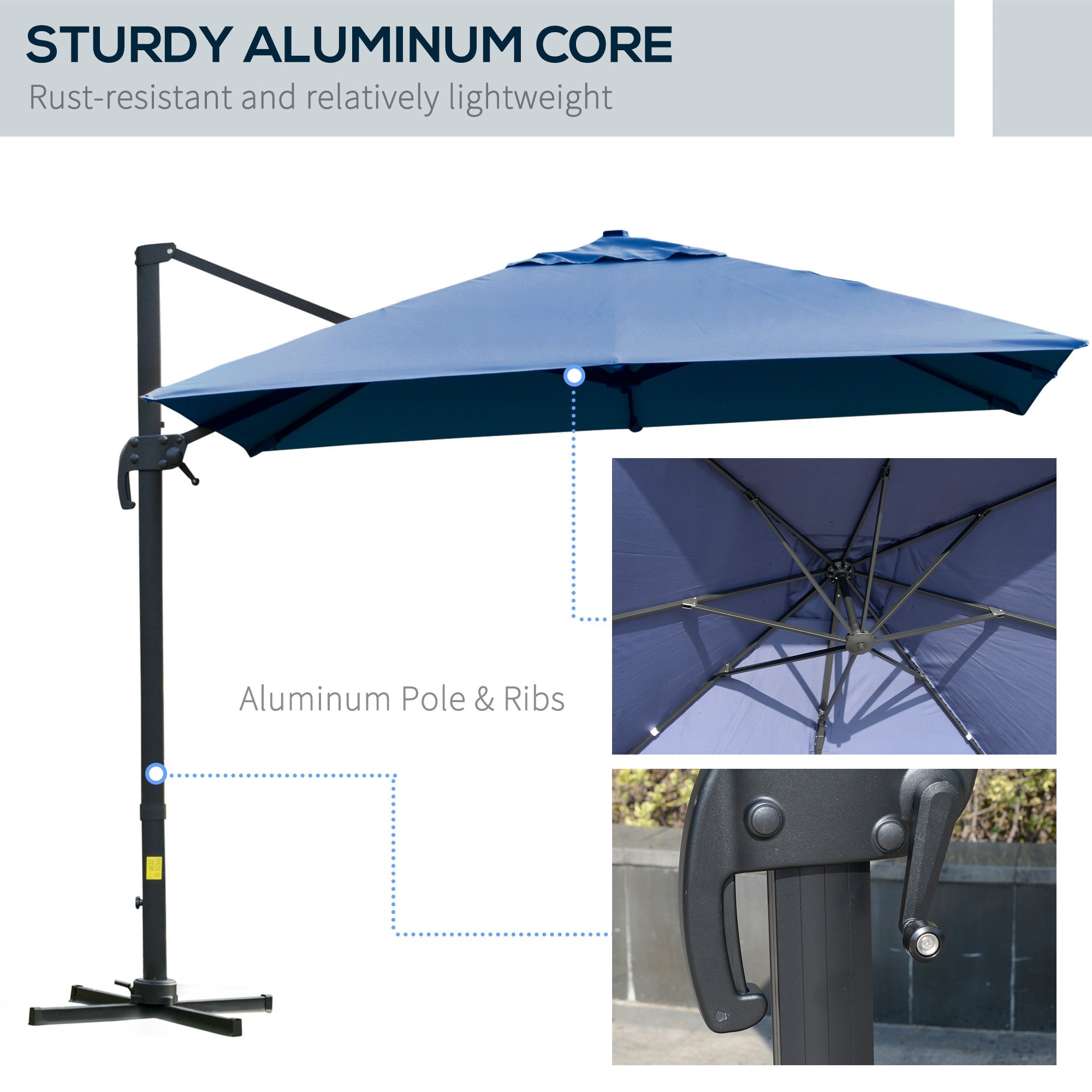 Outsunny 10x10ft Square Cantilever Umbrella with Rotatable Top 4 Adjustable Angles for Patio Backyard Outdoor Area Blue