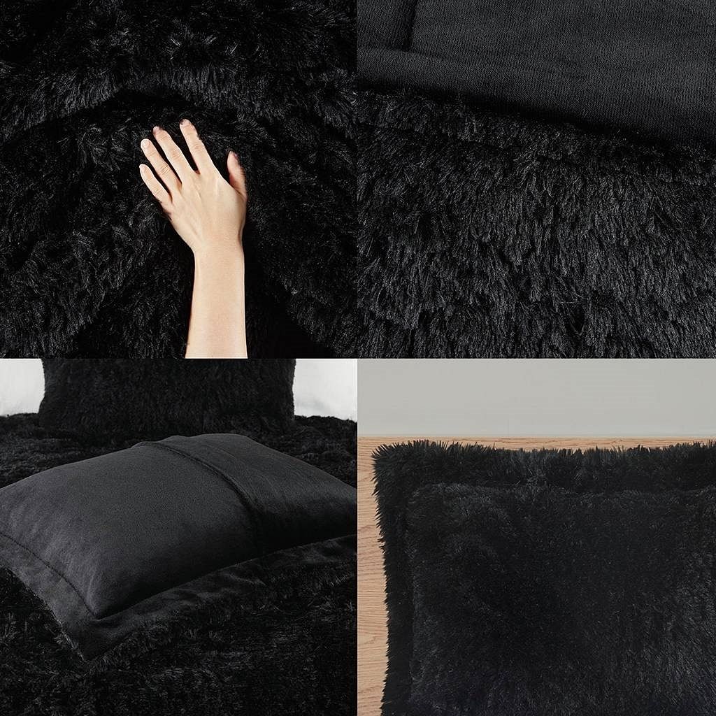 Full/Queen Black Soft Sherpa Faux Fur 3-Piece Comforter Set with Pillow Shams - Free Shipping