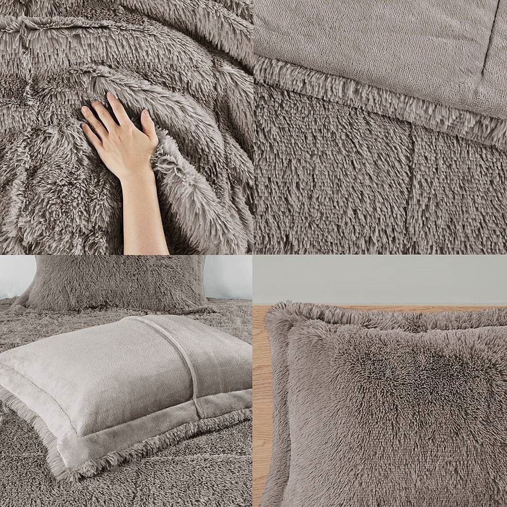 Full/Queen Grey Soft Sherpa Faux Fur 3-Piece Comforter Set with Pillow Shams - Free Shipping