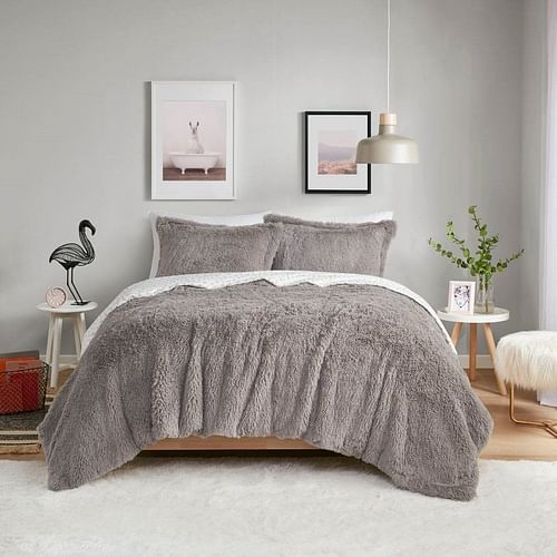 Full/Queen size Grey Reversible Soft Sherpa Faux Fur 3-Piece Comforter Set - Free Shipping