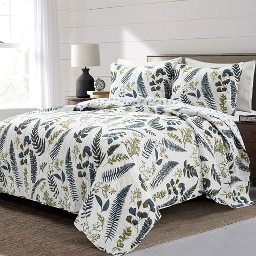 Full/Queen Reversible Cotton Lightweight Floral Fern Leaves 3 Piece Quilt Set - Free Shipping