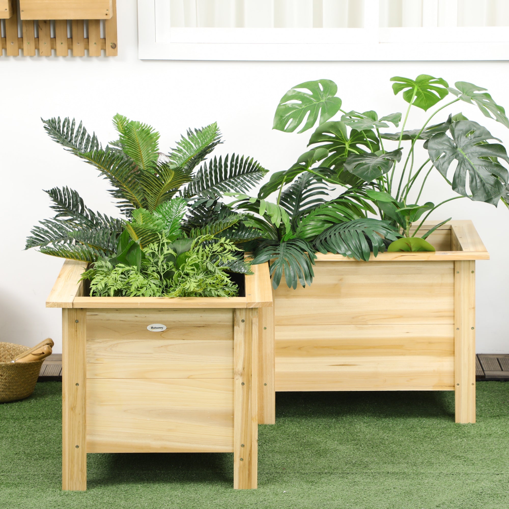 Outsunny Raised Flower Bed, Wooden Elevated Garden Planter with Legs for Backyard Flowers, L-shaped, Natural