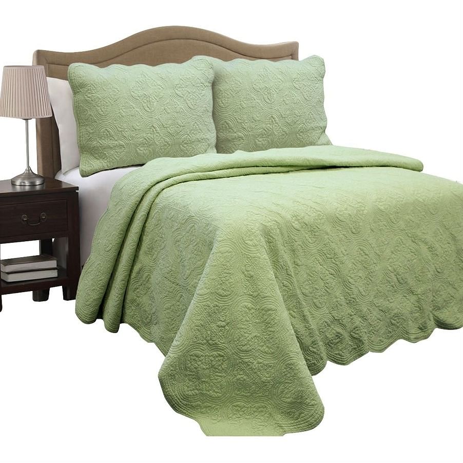 Full Queen Green Cotton Quilt Bedspread with Scalloped Borders - Free Shipping