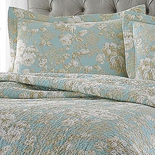 Full / Queen 3-Piece Cotton Quilt Set in Seafoam Blue Beige Floral Pattern - Free Shipping