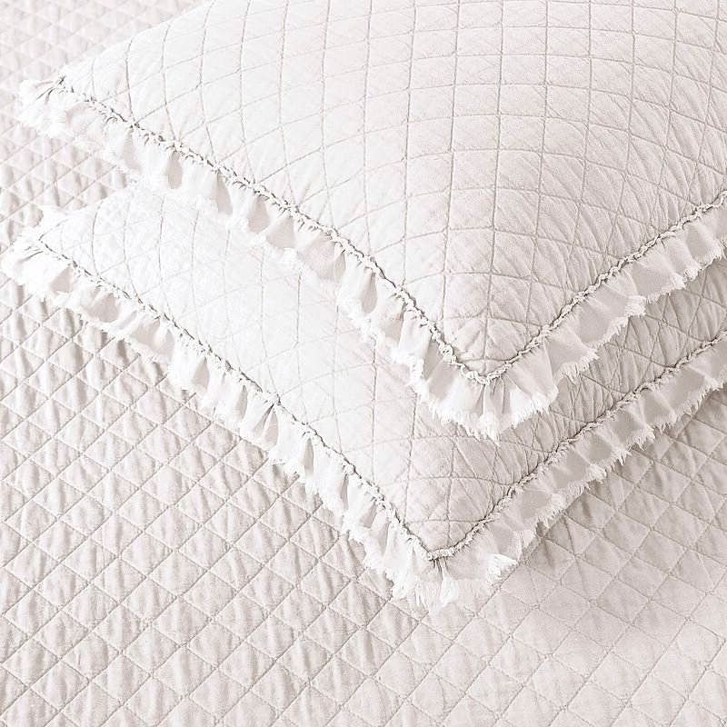 Full Queen White Farmhouse Microfiber Diamond Quilted Bedspread Set Frayed Edges - Free Shipping