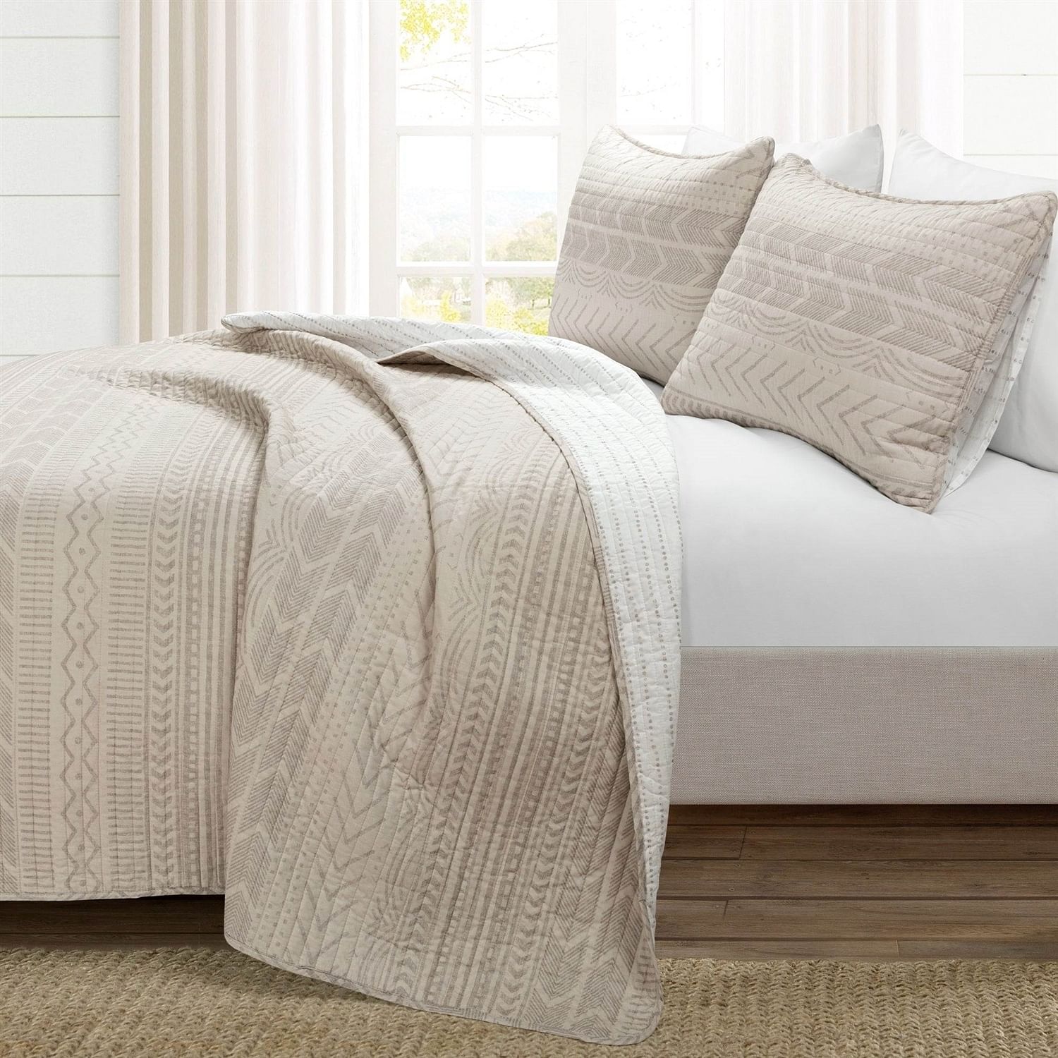 Full/Queen Scandinavian Chevron Beige Tan Reversible Cotton Quilt Set - Free Shipping