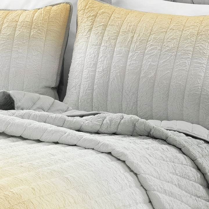 Full/Queen Yellow Orange Grey Lightweight Crinkle Fabric 3 Piece Quilt Set - Free Shipping