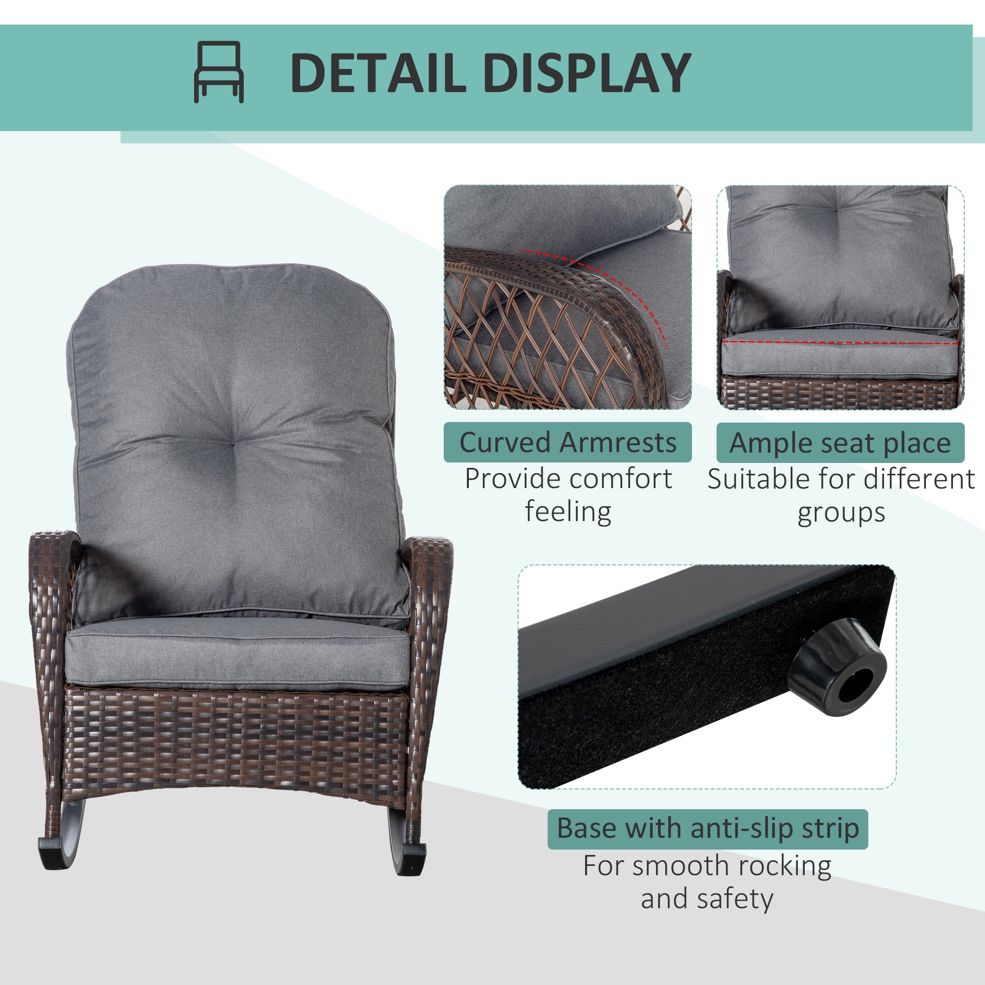 Outsunny Outdoor PE Rattan Rocking Chair, Patio Wicker Recliner Rocker Chair with Soft Cushion, for Garden Backyard Porch, Grey