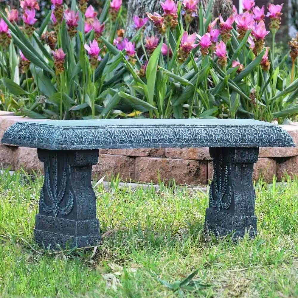 Black Fiber-Clay Resin Outdoor Garden Bench in Stone Finish - Free Shipping
