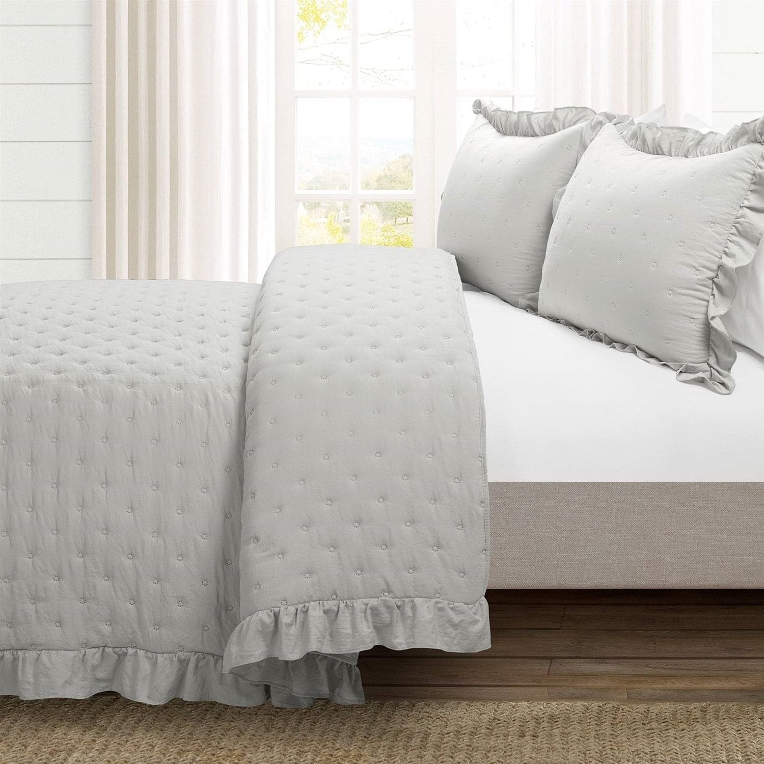 King Size Lightweight Grey Ruffle Reversible Oversized 3 Piece Quilt Set - Free Shipping
