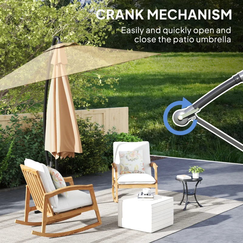 9.5' Cantilever Umbrella with Wind Protection Strap and Cover, Hanging Umbrella with Crank and Cross Base, Khaki