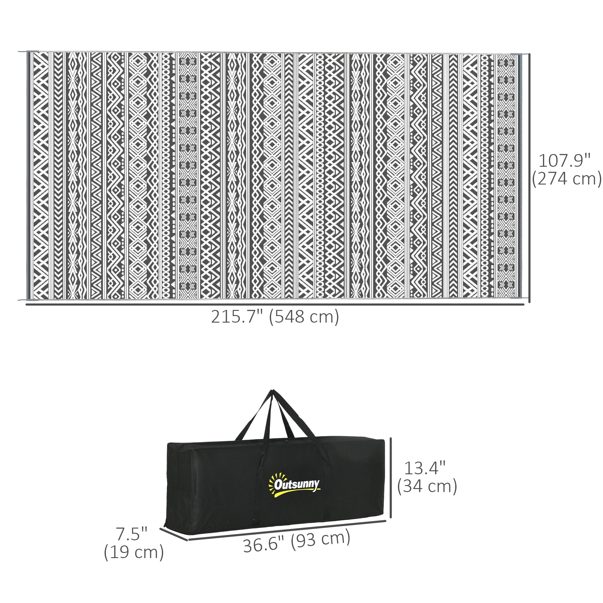Aosom Reversible Outdoor Rug 9'x18' - Waterproof Plastic Straw Mat, Grey and Cream White Boho Design with Carry Bag for RV & Patio