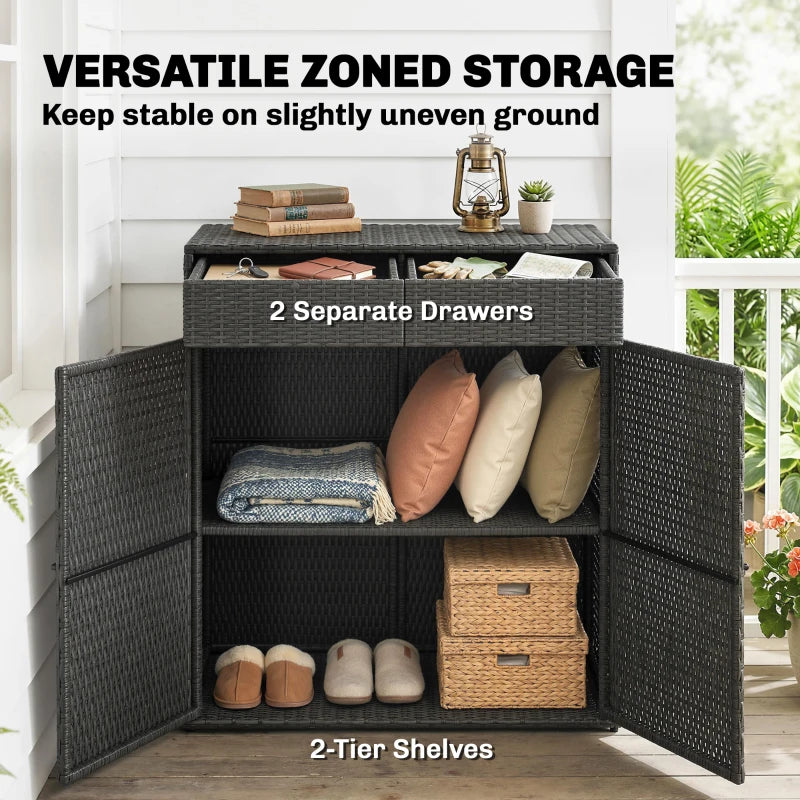 Wicker Outdoor Storage Cabinet with 2 Doors and Drawers, 2-Tier Shelf Rattan Patio Storage Cabinet, Dark Grey